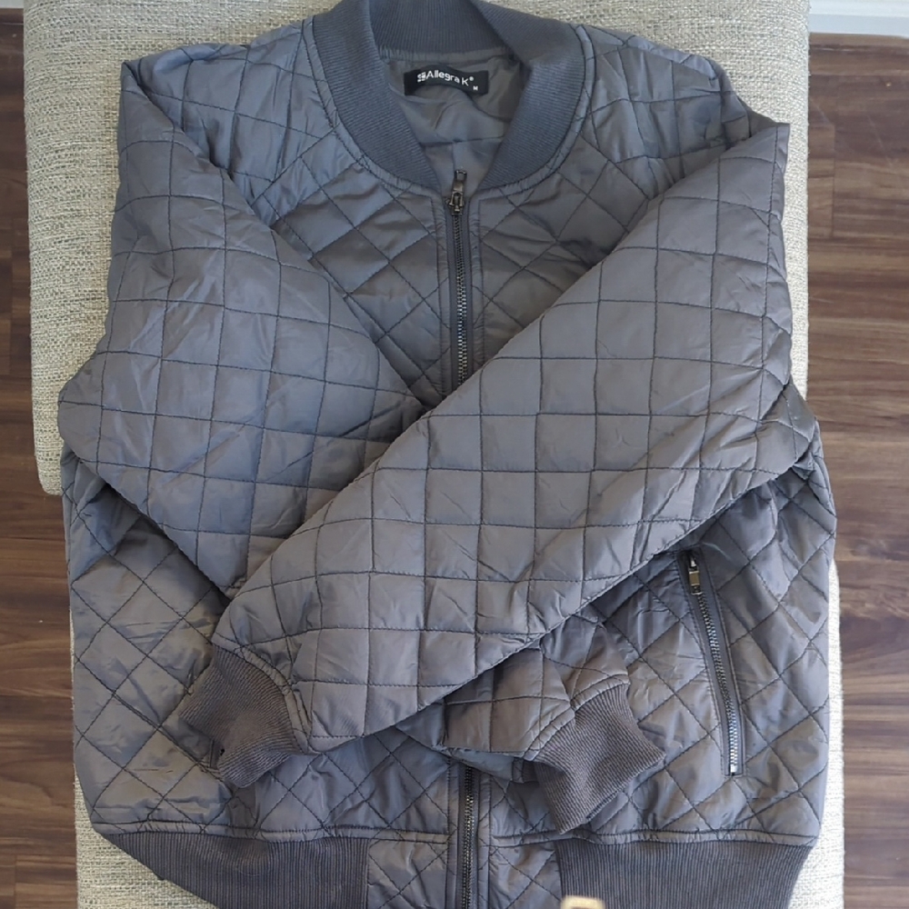 Allegra K Charcoal Quilted Bomber Jacket